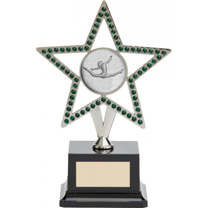 10'' SILVER METAL STAR GYMNASTICS TROPHY WITH GREEN GEMSTONES - CHOICE OF CENTRE 